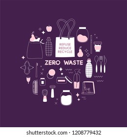 Zero waste lifesyle hand drawn elements in cute simple flat style. Vector illustration for eco life. No plastic. Refuse reduce recycle. Earth day. Save the planet