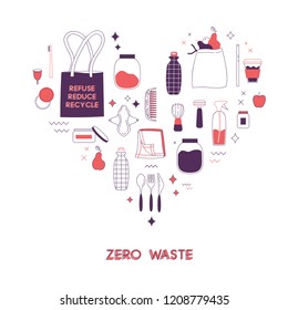 Zero waste lifesyle hand drawn elements in cute simple flat style. Vector illustration for eco life. No plastic. Refuse reduce recycle. Earth day. Save the planet
