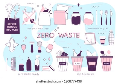 Zero waste lifesyle hand drawn elements in cute simple flat style. Vector illustration for eco life. No plastic. Refuse reduce recycle. Earth day. Save the planet