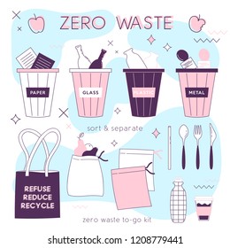 Zero waste lifesyle hand drawn elements in cute simple flat style. Vector illustration for eco life. No plastic. Refuse reduce recycle. Earth day. Save the planet