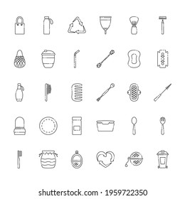 Zero waste line art icon set. Reusable and Conscious Consumption signs. Ecology protection concept