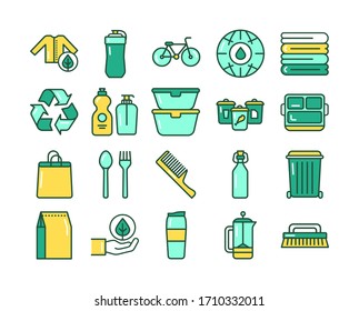 Zero waste line color icons set. Wood, metal, bamboo, textile, glass organic, natural materials. Eco friendly lifestyle. Outline pictogram for web page, mobile app, promo.