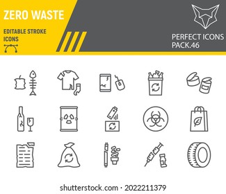 Zero waste line icon set, recycle collection, vector graphics, logo illustrations, zero waste vector icons, environment signs, outline pictograms, editable stroke