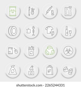 Zero waste line icon set, recycle collection, vector graphics, neumorphic UI UX buttons, zero waste vector icons, environment signs, outline pictograms, editable stroke