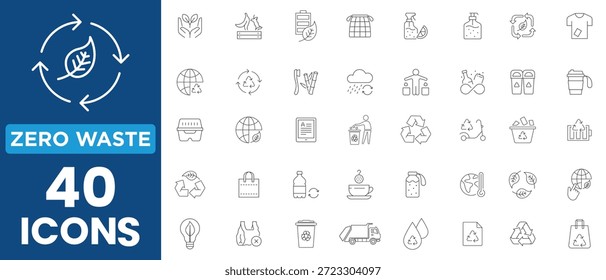 Icono de línea de cero residuos establecido en estilo mínimo. Colección de iconos lineales ecológicos que incluyen el reciclaje, la gestión de residuos, el compost, el vertedero, la clasificación de residuos y la sostenibilidad. Vector de trazo editable