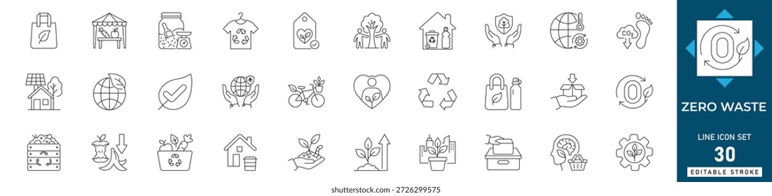 conjunto de ícones de linha de desperdício zero com estilo de vida sustentável, vida sem plástico e símbolos de economia circular. Ideal para marcas ecológicas, relatórios ESG e aplicativos. Editável.