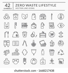 Zero waste line icons. Black outline symbols isolated on white background. Recycling, reusable items, plastic free, save the Planet and eco lifestyle themes. Vector collection.
