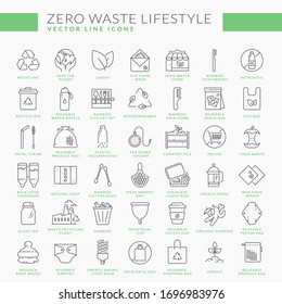 Zero waste line icons. Outline symbols isolated on white background. Recycling, reusable items, plastic free, save the Planet and eco lifestyle themes. Vector collection with inscriptions.