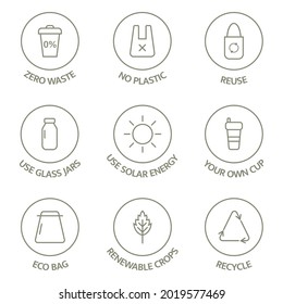 Zero waste line icons set. Recycle, reuse, reduce logo. Eco, bio pictogram. Ecology concept. Sustainable package. Save the planet. Sort waste emblem. Renewable crops. Vector illustration.