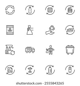 Zero waste line icons set, outline vector symbol collection, linear style pictogram pack. Signs, logo illustration. Set includes icons as recycling, litter, trash, pollution, composting, waste sorting