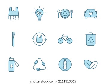 iconos vectoriales de línea de desecho cero en dos colores aislados en fondo blanco. conjunto de iconos de esquema azul cero para diseño web, ui, aplicaciones móviles e impresión