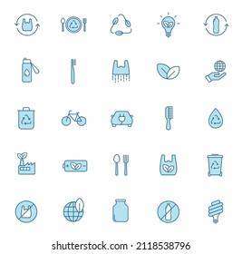 zero waste line vector icons in two colors isolated on white background. zero waste blue icon set for web design, ui, mobile apps, print polygraphy and promo advertising business