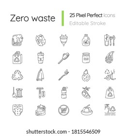 Zero waste linear icons set. Eco friendly lifestyle, anticonsumerism customizable thin line contour symbols. Responsible consumption. Isolated vector outline illustrations. Editable stroke