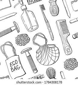 Zero waste. Linear seamless pattern of reusable items. Endless texture for your design.