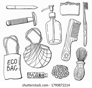 Zero waste. Linear set of reusable items. White background, isolator. Stock illustration.