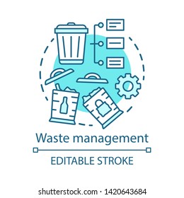 Zero waste living, waste management concept icon. Recyclable products idea thin line illustration.Trash sorting, garbage recycle, reuse. Vector isolated outline drawing. Editable stroke