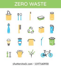 Zero Waste logo design template set. Vector eco lifestyle sign and symbol collection. Color linear icon illustration of  “Refuse Reduce Reuse Recycle Rot”. No Plastic and Go Green concept