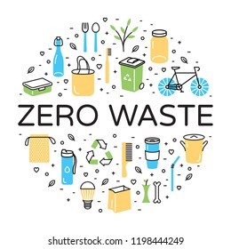 Zero Waste logo design template set. No Plastic and Go Green concept in circle form. Vector eco lifestyle sign and symbol collection. Color line icon illustration of  Refuse Reduce Reuse Recycle Rot