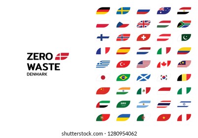 Zero Waste logo design template for different world countries. Vector icon label with leaf shaped flag for Europe, Asia, Africa, America, Australia. Illustration of  Refuse Reduce Reuse Recycle Rot 