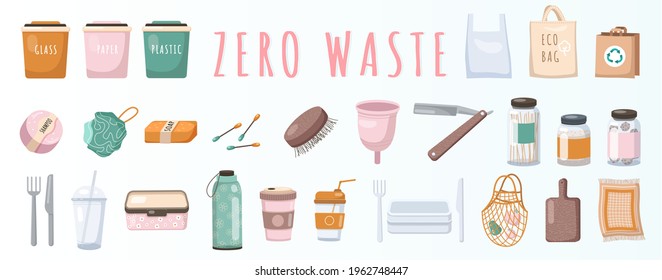 Zero waste logo design template set. No plastic and usage of environmentally friendly items. Bath and kitchen utensils made from organic natural materials. Reusable objects without harm to nature