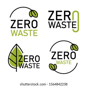 Zero waste logo set, environment protection. Reduce, reuse, recycle. No plastic and go green slogan. Vector illustration.