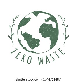 Zero Waste logo template. Vector. Hand drawn planet Earth. Sketch doodle illustration.