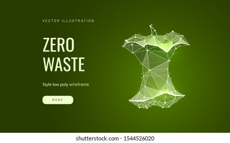 Zero waste low poly wireframe landing page template. Ecology science web banner. 3d apple core with connected dots polygonal illustration. Emission reduction mesh art homepage design layout