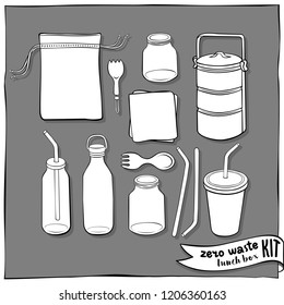 zero waste lunch box kit hand drawn black and white vector illustration isolated elements on dark background