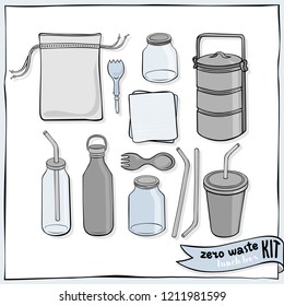 zero waste lunch box kit hand drawn colorful vector illustration isolated elements on white background