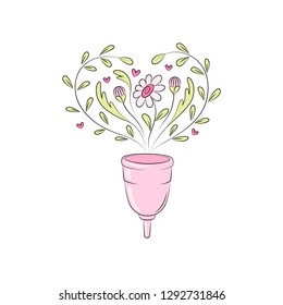Zero waste menstrual cup with flowers. Vector illustration.