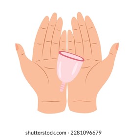 Zero waste menstrual cups in hands. Eco protection for women in critical days. Vector illustration