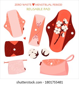 Período menstrual de basura cero. Conjunto de vectores planos con productos ecológicos - toallitas menstruales reutilizables, taza, bolsas de reciclaje de algodón.