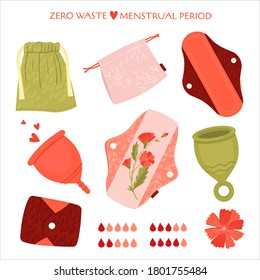 Zero waste menstrual period. Vector flat set with eco friendly products - reusable menstrual pads, cup, recycle bags of cotton.