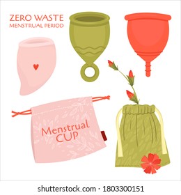 Período menstrual de basura cero. Conjunto de vectores planos con productos ecológicos - toallitas menstruales reutilizables, taza, bolsas de reciclaje de algodón.