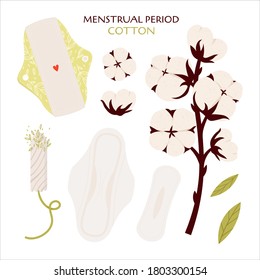 Zero waste menstrual period. Vector flat set with eco friendly products - reusable menstrual pads, cup, recycle bags of cotton.