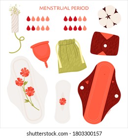 Período menstrual de basura cero. Conjunto de vectores planos con productos ecológicos - toallitas menstruales reutilizables, taza, bolsas de reciclaje de algodón.