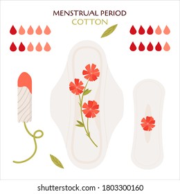 Zero waste menstrual period. Vector flat set with eco friendly products - reusable menstrual pads, cup, recycle bags of cotton.