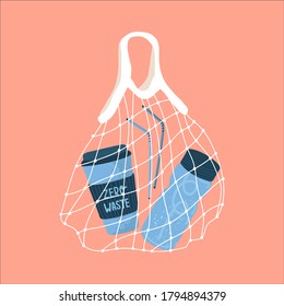Zero waste. Mesh bag with thermal cup or reusable mug for hot coffee or takeaway tea with metal straws and cleaning brush. Hand-drawn style, flat design. Vector stock graphic. World environment day