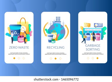 Zero waste mobile app onboarding screens. Menu banner vector template for website and application development. Life without plastic, garbage sorting and recycling concept.