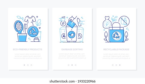 Zero waste - modern line design style web banners with copy space for text. Eco-friendly products, garbage sorting, recyclable package illustrations. Environment conservation, think green concept