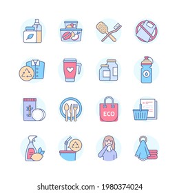 Zero waste - modern line design style icons set. Eco lifestyle, recycling idea. Plastic, paper, metal, tin, glass, cardboard, organic, e-waste, textile, bin recyclables. Container, truck, bags