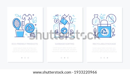 Zero waste - modern line design style web banners with copy space for text. Eco-friendly products, garbage sorting, recyclable package illustrations. Environment conservation, think green concept