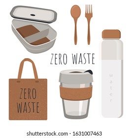 Zero waste modern vegan set of glas bag bottle illustration