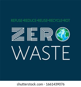 Zero waste motivational slogan with Earth globe and reminder to refuse, reduce, reuse, recycle, rot. Environment protection, sustainable ecosystem lifestyle, conscious consumption vector illustration.