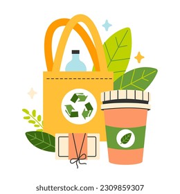Zero waste movement. Environmental protection and social responsibility. Climate and nature preservation. Sustainability concept. Biodegradable products and packaging. Flat vector illustration