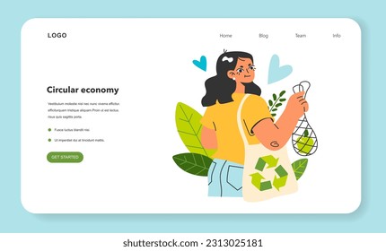 Zero waste movement web banner or landing page. Environmental protection and social responsibility. Climate and nature preservation. Sustainability. Woman with a textile bag. Flat vector illustration