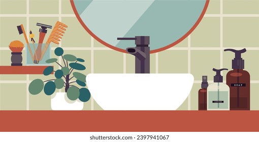 Zero waste and no plastic bathroom. Vector illustration separated items. recycled packaging, bamboo toothbrush, wood, cotton, shaver blade