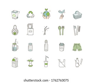 Basura cero, Iconos de estilo de vida sin plástico y ecológicos. Jares de vidrio, Bolsa ecológica, Cepillo de madera, Ropa de segunda mano y otros artículos reutilizables y reciclables. Vamos Verde. Ilustración de vectores de caricaturas de línea plana.