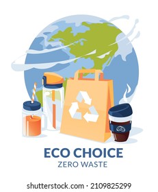 zero waste objects concept: paper bag, vegetables, jar, coffee cup, watre bottle. On the big Earth planet background. no plastic. Flat vector illustration