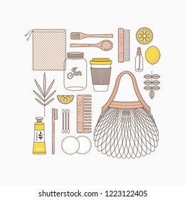 Zero waste. Objects on white background. Bathroom and kitchen supplies. Zero waste shopping. Body care kit. Vector illustration
